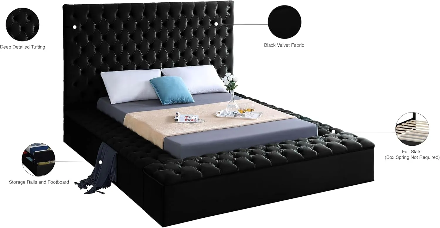 Meridian Furniture Bliss Collection Modern | Contemporary Velvet Upholstered Bed with Deep Button Tufting and Storage Compartments in Rails and Footboard, Black, Queen