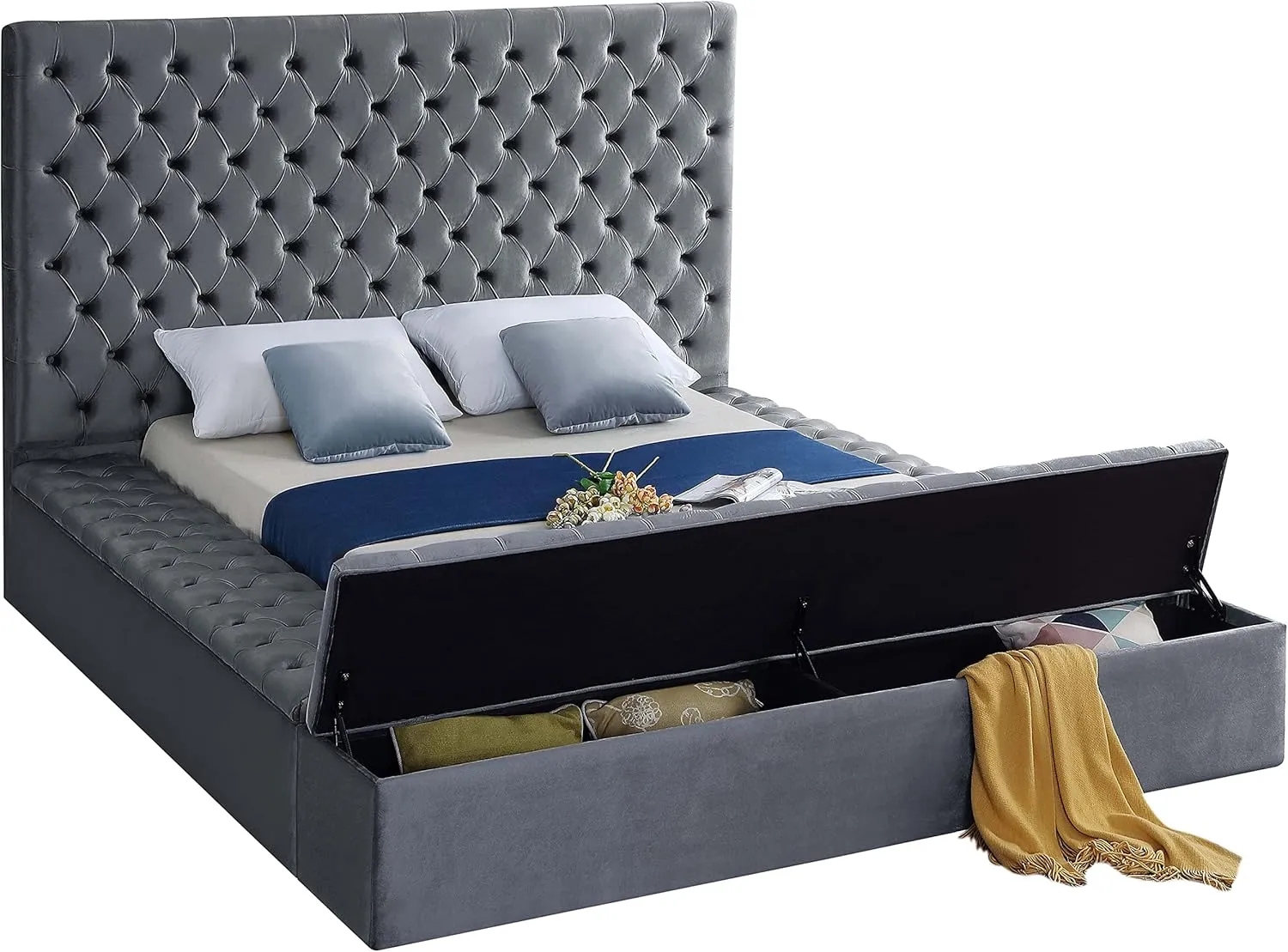 Meridian Furniture Bliss Collection Modern | Contemporary Velvet Upholstered Bed with Deep Button Tufting and Storage Compartments in Rails and Footboard, Gray, King