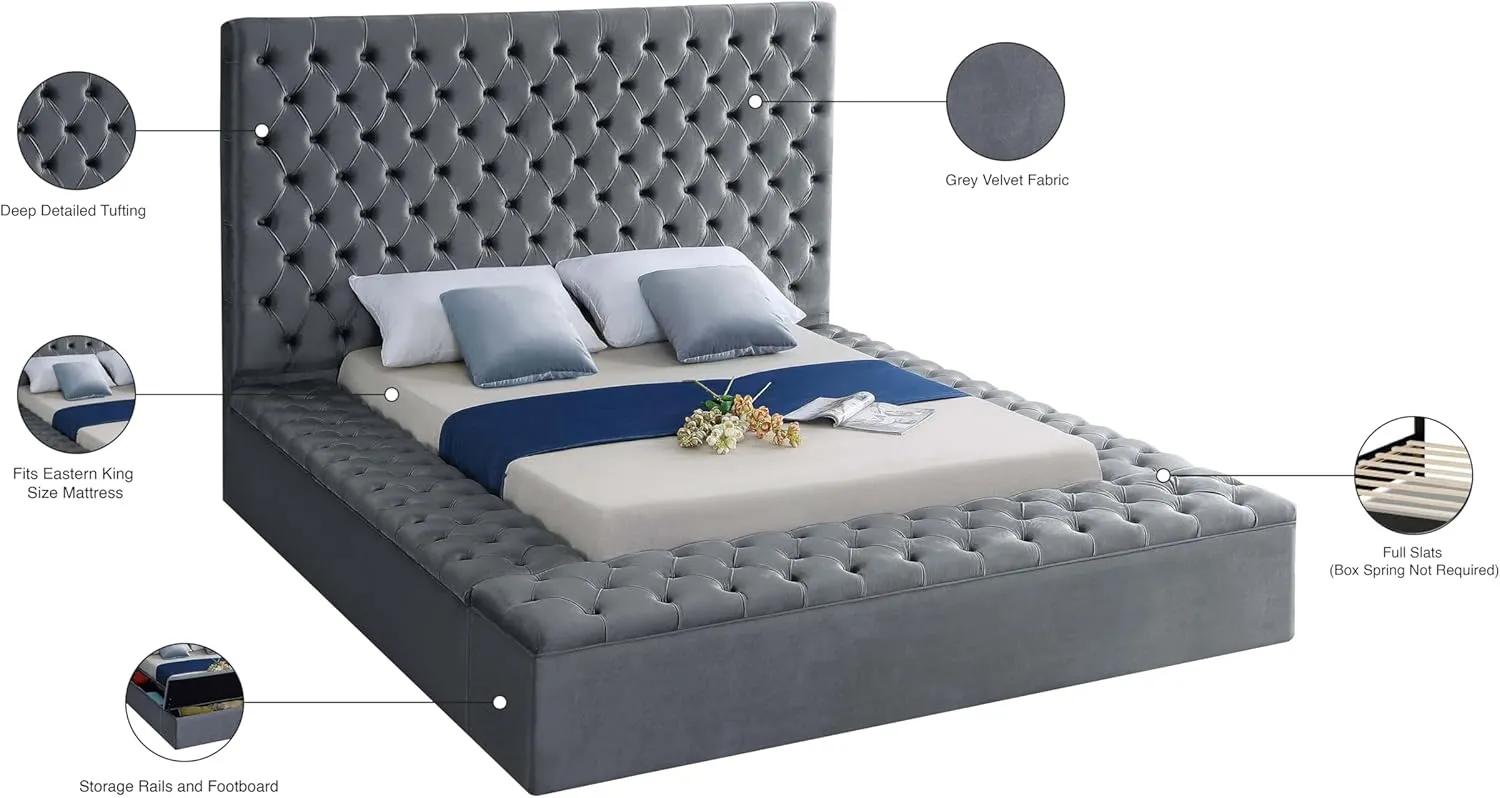 Meridian Furniture Bliss Collection Modern | Contemporary Velvet Upholstered Bed with Deep Button Tufting and Storage Compartments in Rails and Footboard, Gray, King