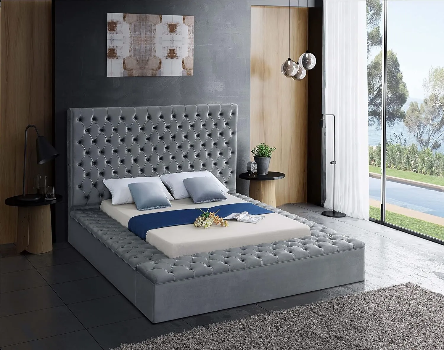 Meridian Furniture Bliss Collection Modern | Contemporary Velvet Upholstered Bed with Deep Button Tufting and Storage Compartments in Rails and Footboard, Gray, King