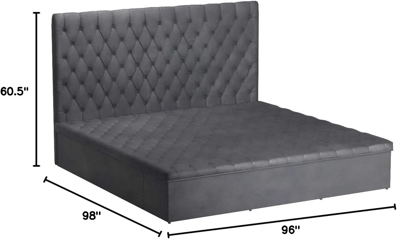 Meridian Furniture Bliss Collection Modern | Contemporary Velvet Upholstered Bed with Deep Button Tufting and Storage Compartments in Rails and Footboard, Gray, King