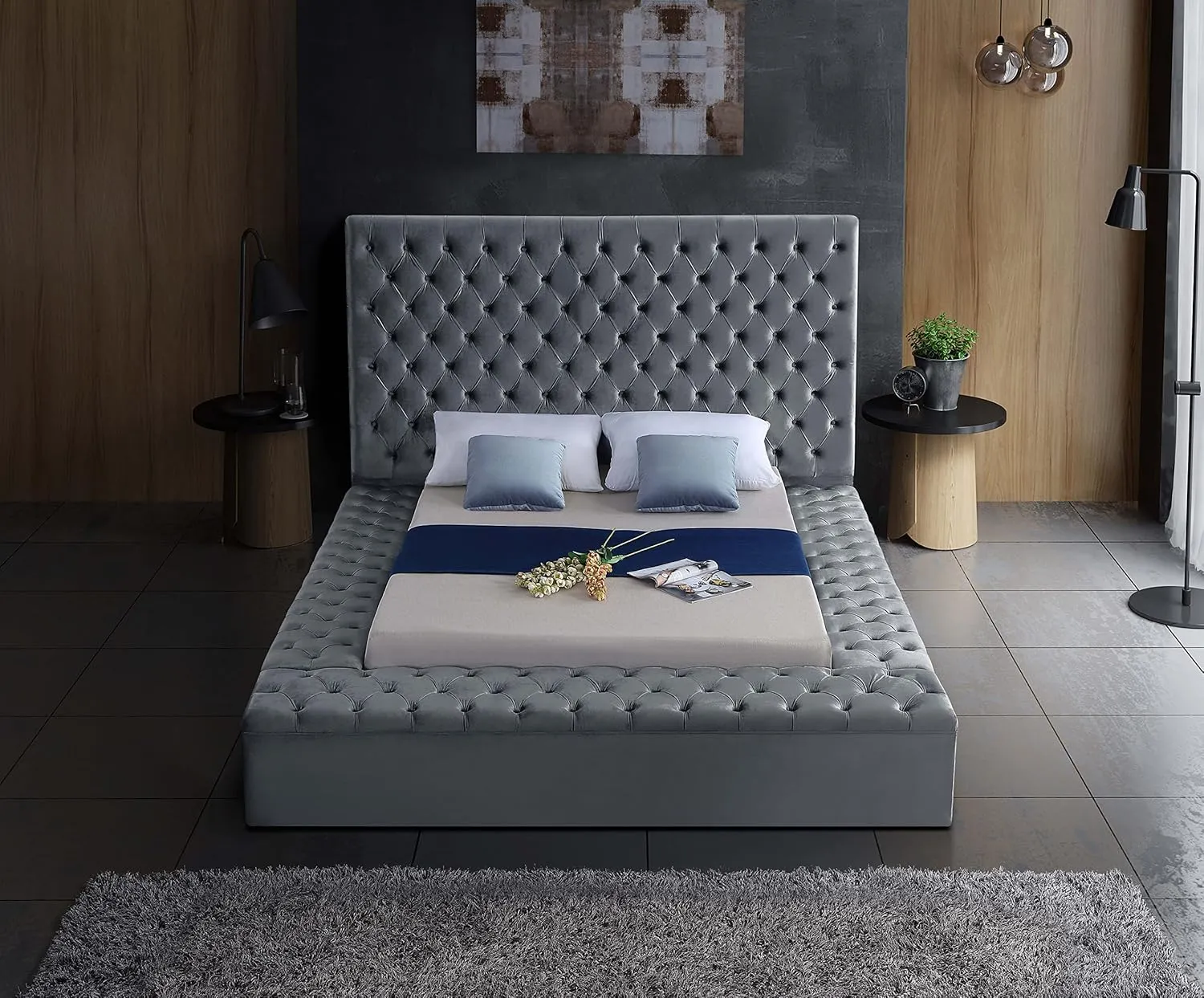 Meridian Furniture Bliss Collection Modern | Contemporary Velvet Upholstered Bed with Deep Button Tufting and Storage Compartments in Rails and Footboard, Gray, King