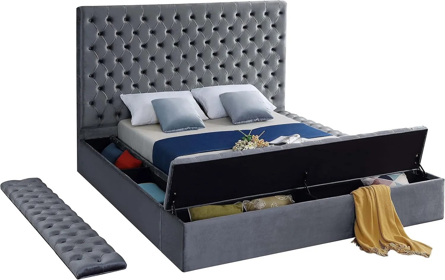 Meridian Furniture Bliss Collection Modern | Contemporary Velvet Upholstered Bed with Deep Button Tufting and Storage Compartments in Rails and Footboard, Gray, King