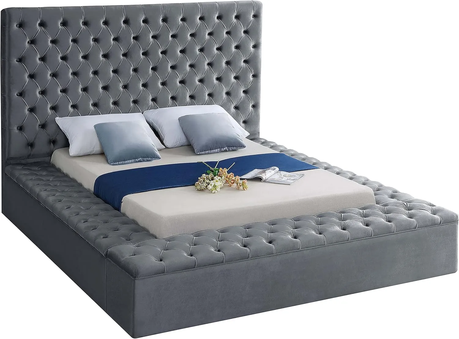 Meridian Furniture Bliss Collection Modern | Contemporary Velvet Upholstered Bed with Deep Button Tufting and Storage Compartments in Rails and Footboard, Gray, King