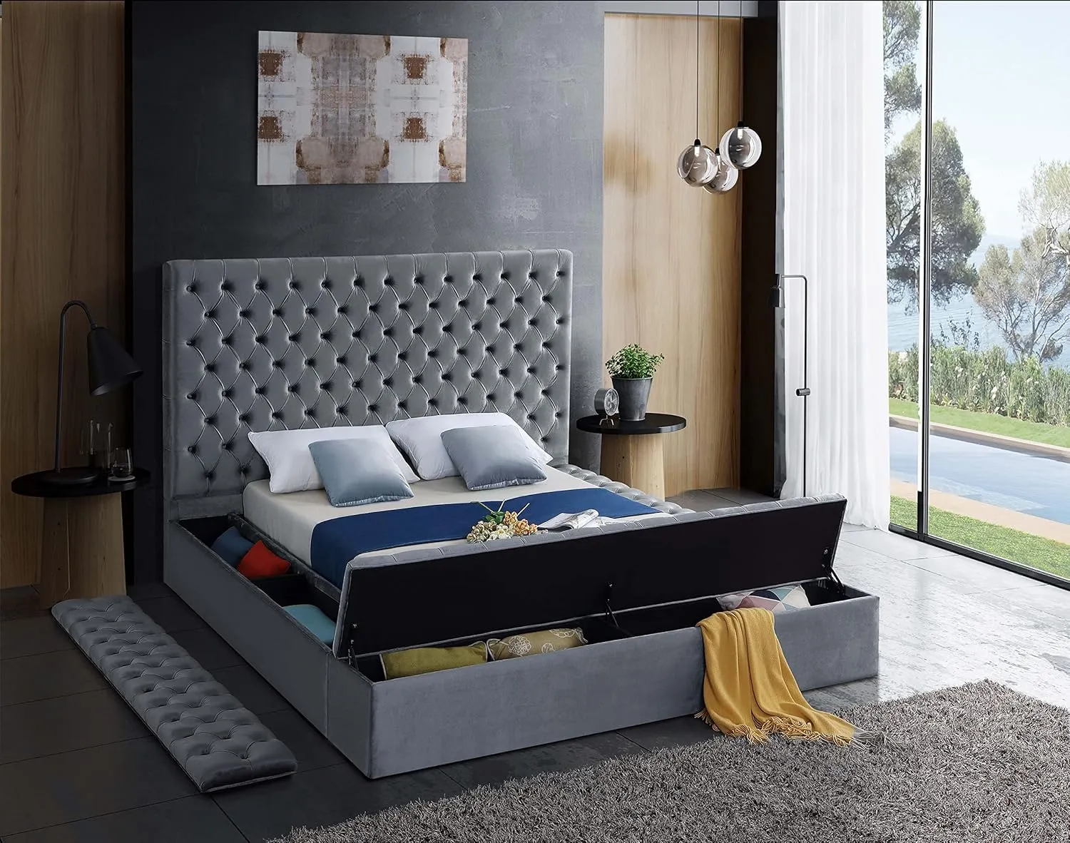 Meridian Furniture Bliss Collection Modern | Contemporary Velvet Upholstered Bed with Deep Button Tufting and Storage Compartments in Rails and Footboard, Gray, King