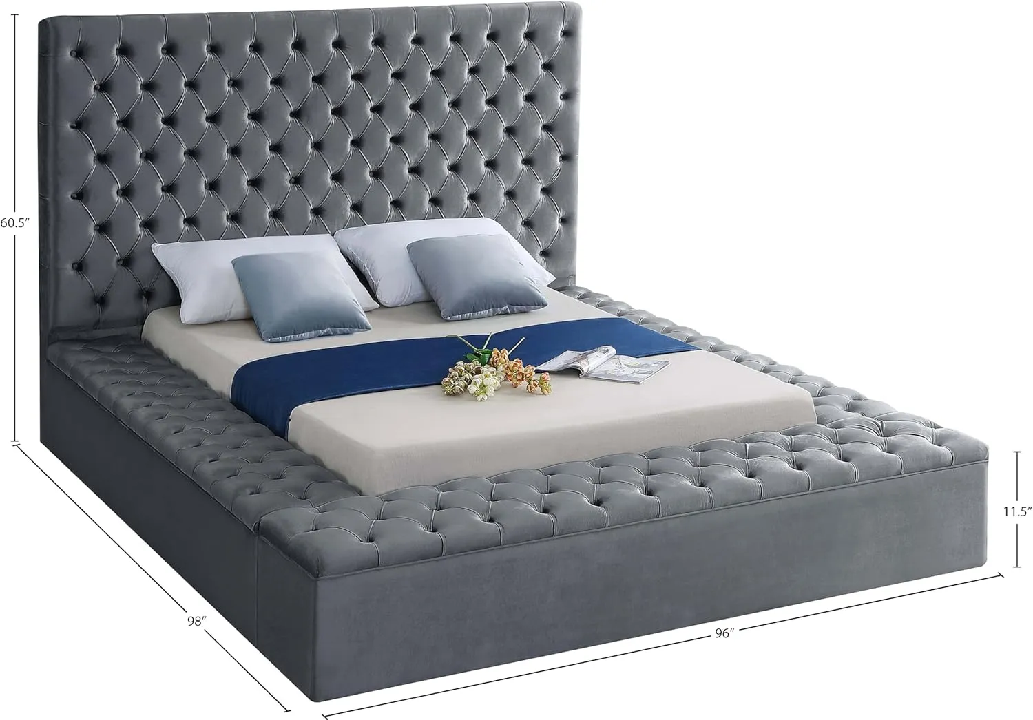 Meridian Furniture Bliss Collection Modern | Contemporary Velvet Upholstered Bed with Deep Button Tufting and Storage Compartments in Rails and Footboard, Gray, King