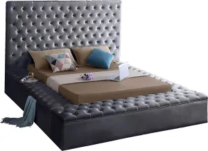 Meridian Furniture BlissGray-K Bliss Collection Modern | Contemporary Velvet Upholstered Bed with Deep Button Tufting and Storage Compartments in Rails and Footboard, Gray, King