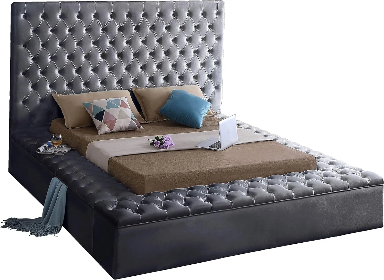 Meridian Furniture BlissGray-K Bliss Collection Modern | Contemporary Velvet Upholstered Bed with Deep Button Tufting and Storage Compartments in Rails and Footboard, Gray, King