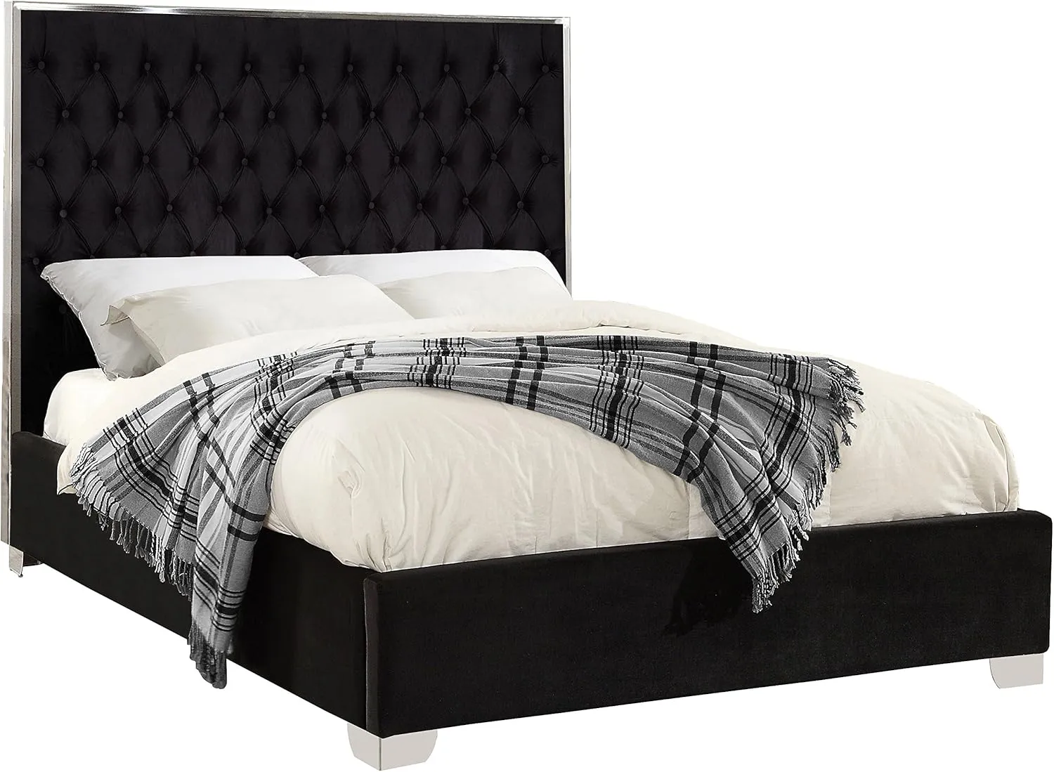 Meridian Furniture Lexi Collection Modern | Contemporary Velvet Upholstered Bed with Deep Tufting, Polished Chrome Stainless Steel Frame and Legs, King, Black