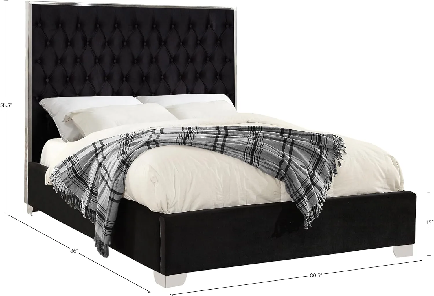 Meridian Furniture Lexi Collection Modern | Contemporary Velvet Upholstered Bed with Deep Tufting, Polished Chrome Stainless Steel Frame and Legs, King, Black