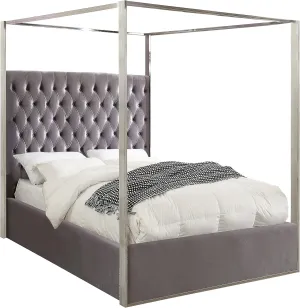 Meridian Furniture Porter Collection Modern | Contemporary Velvet Upholstered Bed with Deep Detailed Tufting and Chrome Canopy, Grey, King