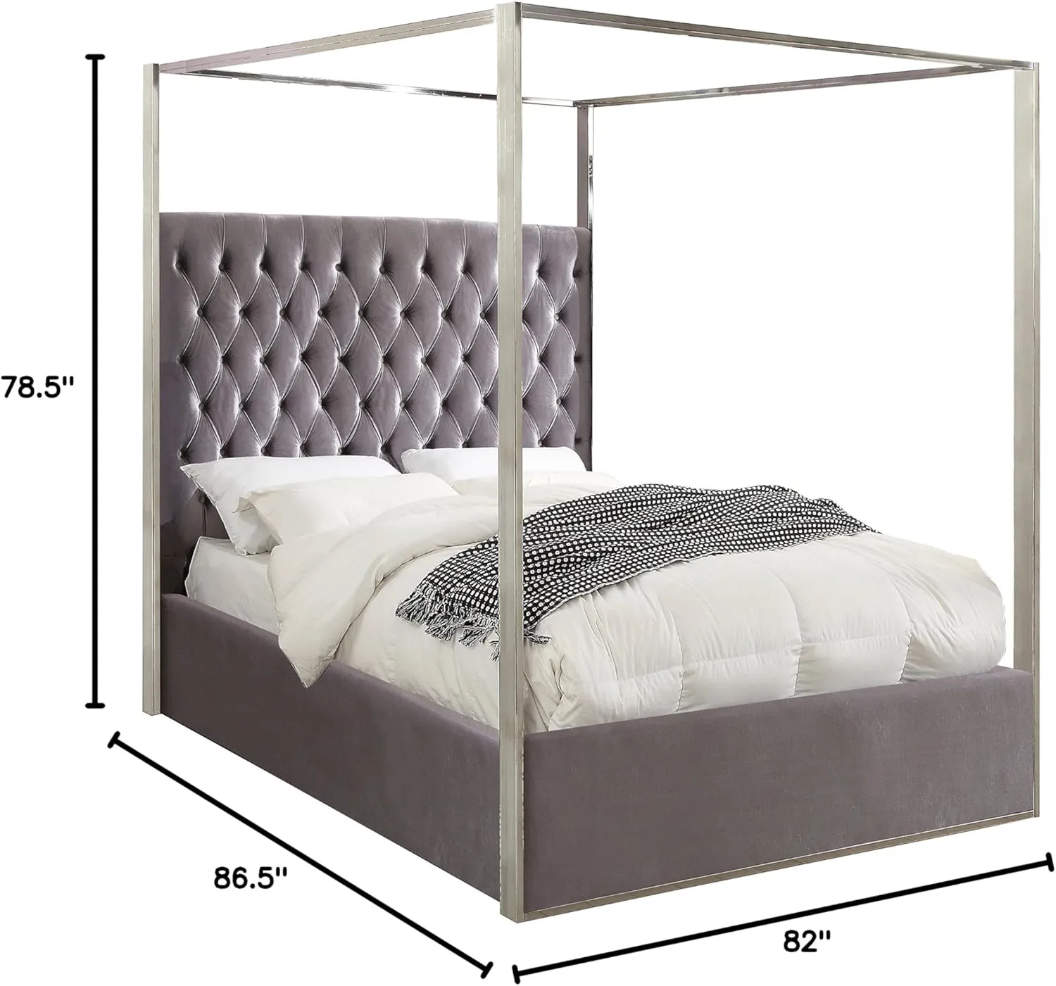Meridian Furniture Porter Collection Modern | Contemporary Velvet Upholstered Bed with Deep Detailed Tufting and Chrome Canopy, Grey, King
