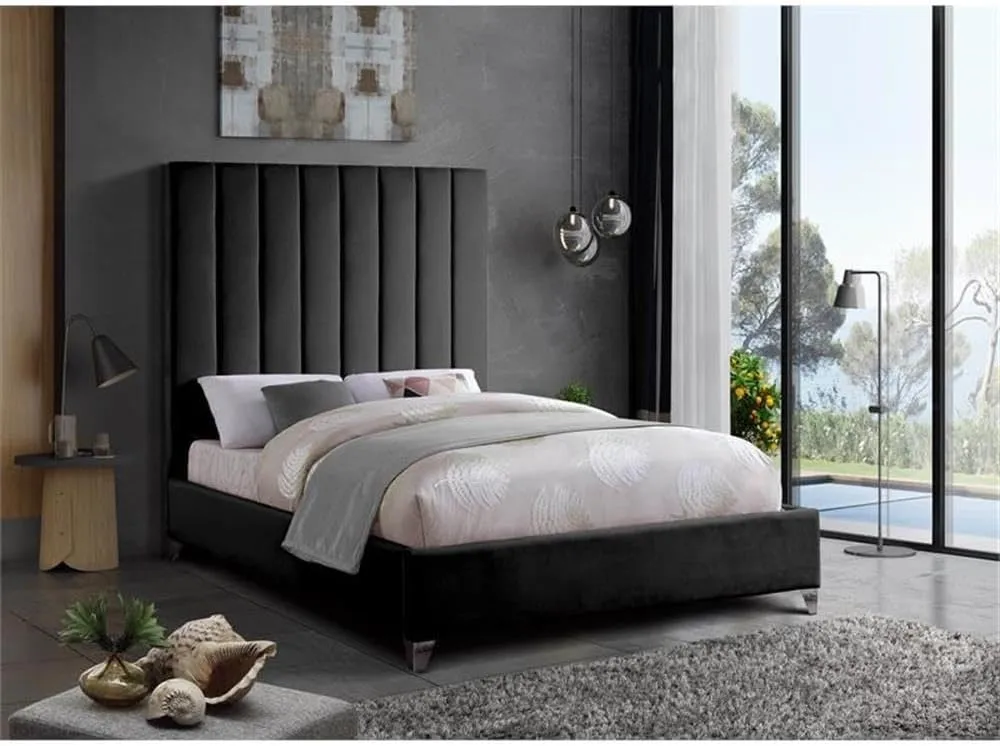 Meridian Furniture ViaBlack-K Via Collection Modern | Contemporary Rich Black Velvet Upholstered King Bed,Deep Channel Tufting, Gold and Chrome Legs, 81.5" W x 86" D x 70.5" H, Black