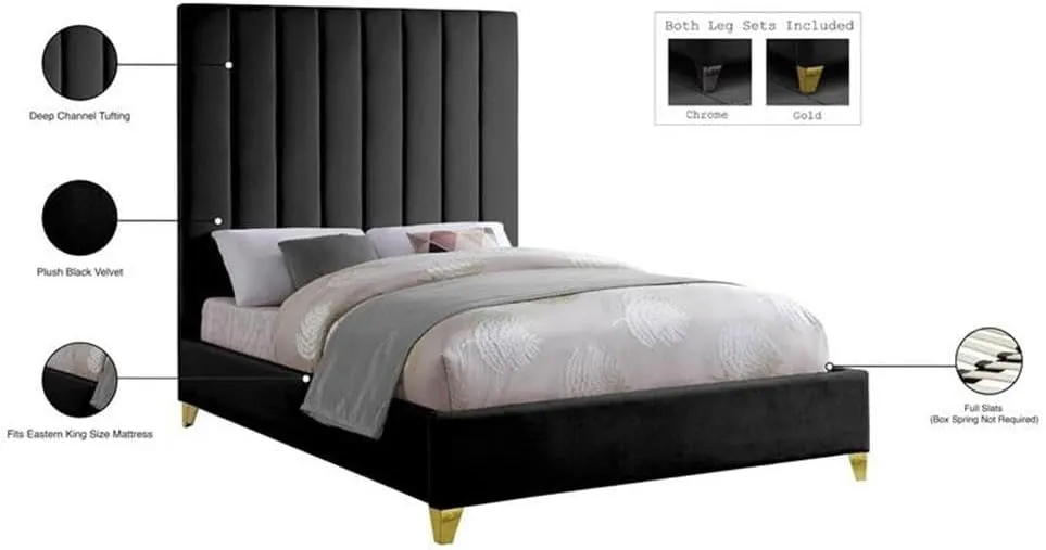 Meridian Furniture ViaBlack-K Via Collection Modern | Contemporary Rich Black Velvet Upholstered King Bed,Deep Channel Tufting, Gold and Chrome Legs, 81.5" W x 86" D x 70.5" H, Black