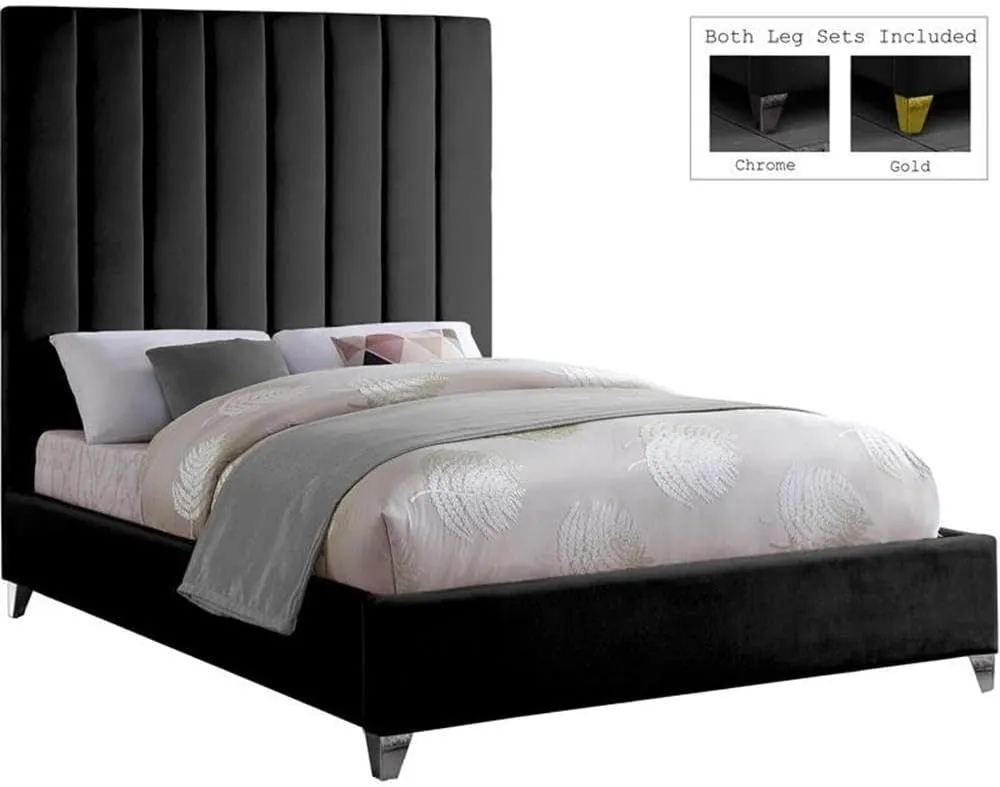 Meridian Furniture ViaBlack-K Via Collection Modern | Contemporary Rich Black Velvet Upholstered King Bed,Deep Channel Tufting, Gold and Chrome Legs, 81.5" W x 86" D x 70.5" H, Black
