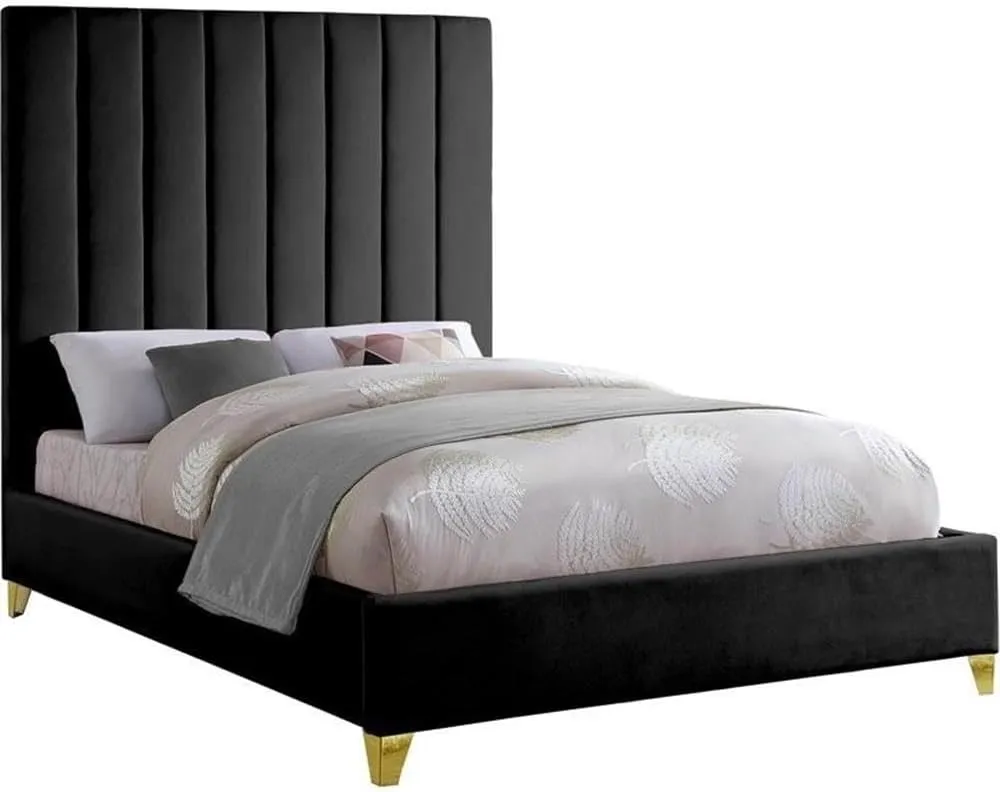 Meridian Furniture ViaBlack-K Via Collection Modern | Contemporary Rich Black Velvet Upholstered King Bed,Deep Channel Tufting, Gold and Chrome Legs, 81.5" W x 86" D x 70.5" H, Black
