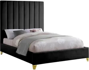 Meridian Furniture ViaBlack-K Via Collection Modern | Contemporary Rich Black Velvet Upholstered King Bed,Deep Channel Tufting, Gold and Chrome Legs, 81.5" W x 86" D x 70.5" H, Black