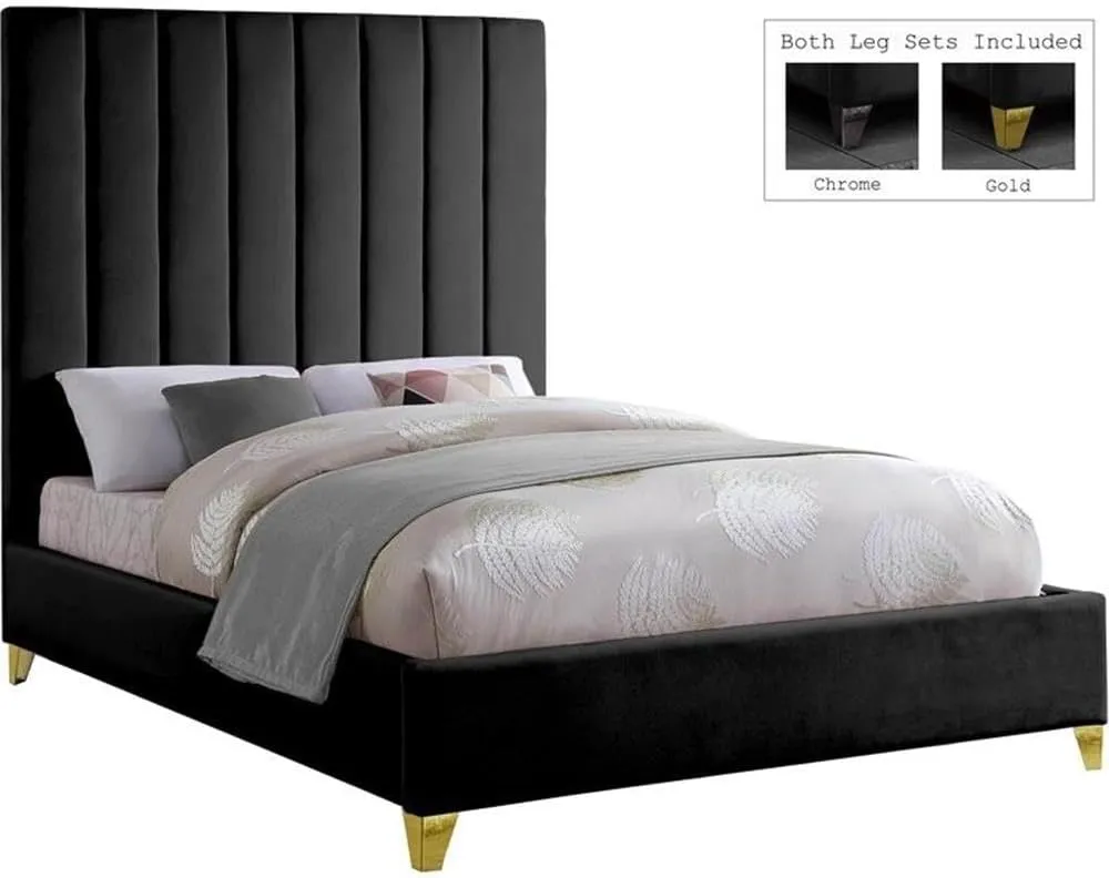 Meridian Furniture ViaBlack-K Via Collection Modern | Contemporary Rich Black Velvet Upholstered King Bed,Deep Channel Tufting, Gold and Chrome Legs, 81.5" W x 86" D x 70.5" H, Black