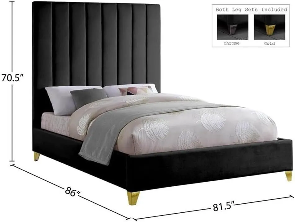 Meridian Furniture ViaBlack-K Via Collection Modern | Contemporary Rich Black Velvet Upholstered King Bed,Deep Channel Tufting, Gold and Chrome Legs, 81.5" W x 86" D x 70.5" H, Black