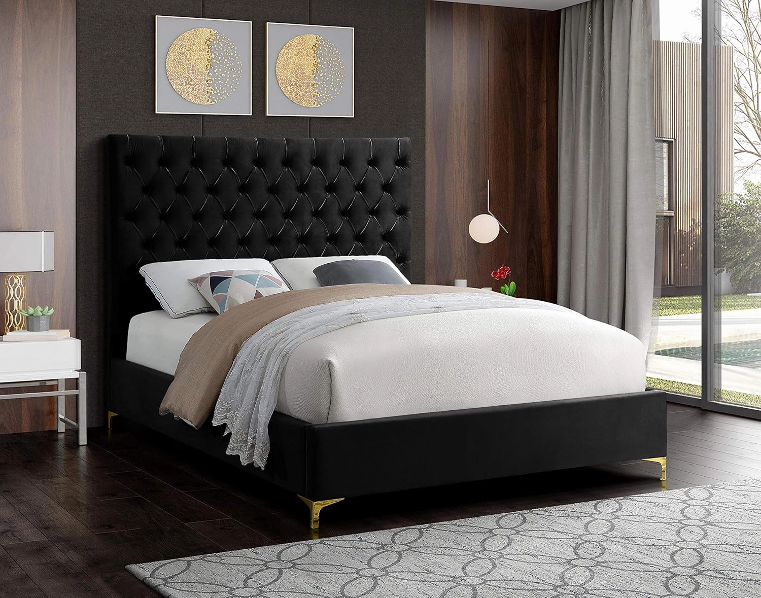 Meridian Furniture Cruz Collection Modern | Contemporary Velvet Upholstered Bed with Deep Button Tufting and Complete Sets of Gold and Chrome Legs Included, King, Black