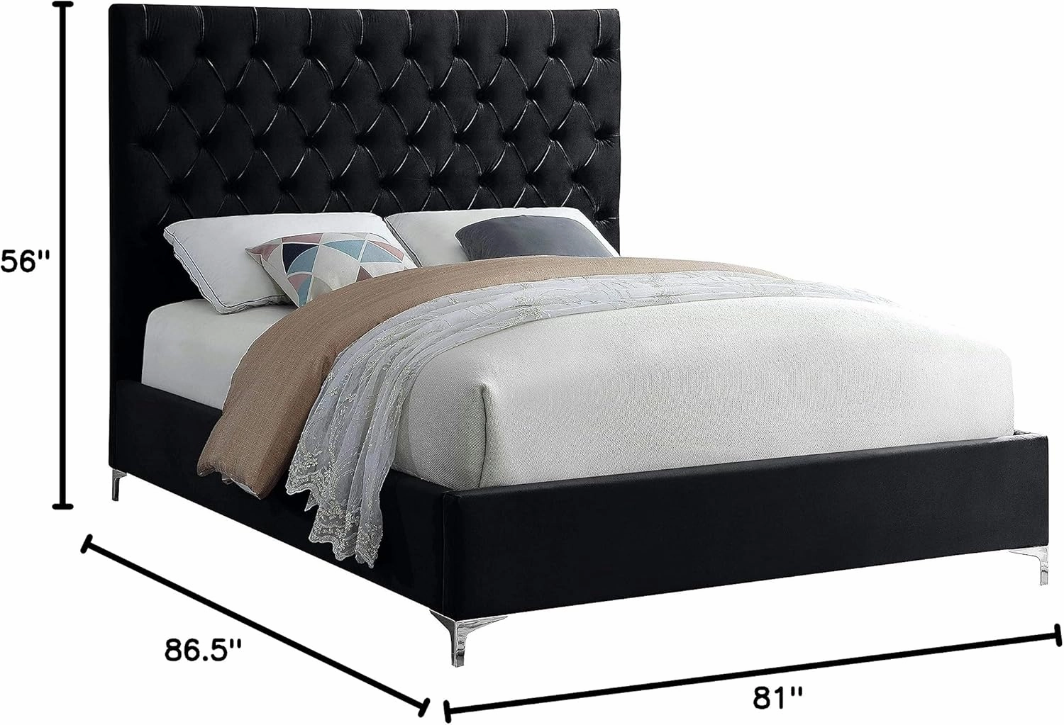 Meridian Furniture Cruz Collection Modern | Contemporary Velvet Upholstered Bed with Deep Button Tufting and Complete Sets of Gold and Chrome Legs Included, King, Black