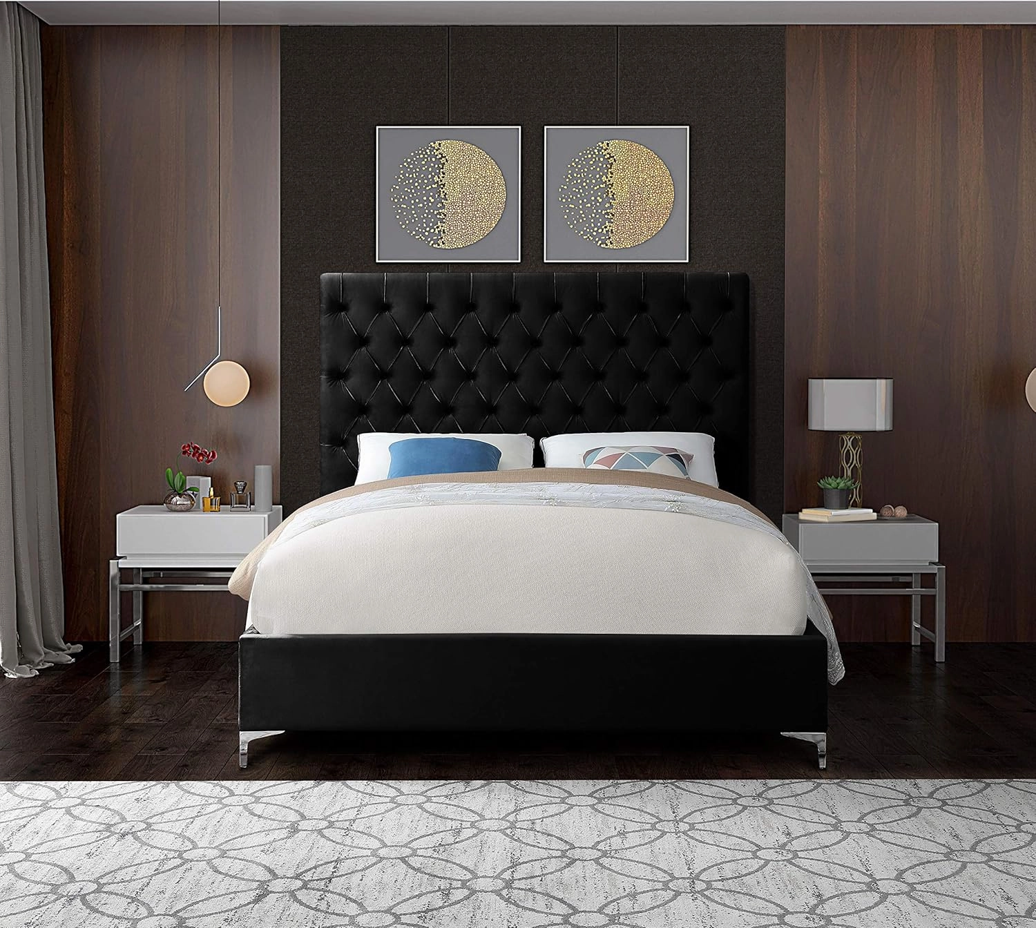 Meridian Furniture Cruz Collection Modern | Contemporary Velvet Upholstered Bed with Deep Button Tufting and Complete Sets of Gold and Chrome Legs Included, King, Black
