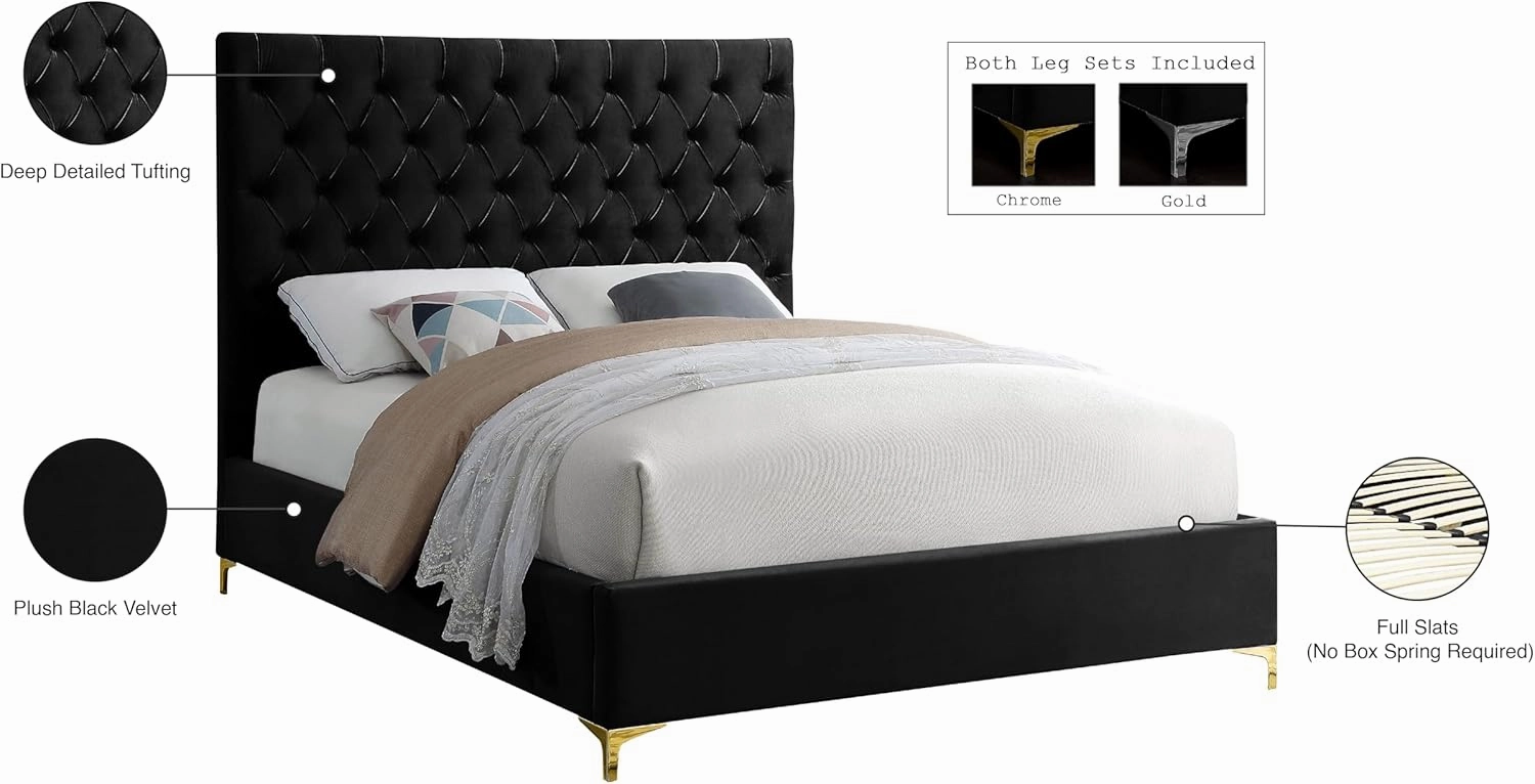 Meridian Furniture Cruz Collection Modern | Contemporary Velvet Upholstered Bed with Deep Button Tufting and Complete Sets of Gold and Chrome Legs Included, King, Black
