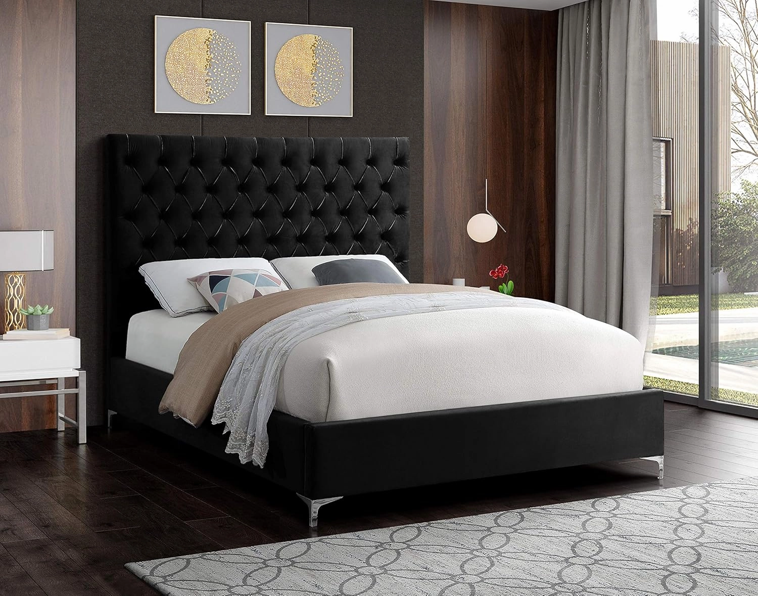 Meridian Furniture Cruz Collection Modern | Contemporary Velvet Upholstered Bed with Deep Button Tufting and Complete Sets of Gold and Chrome Legs Included, King, Black