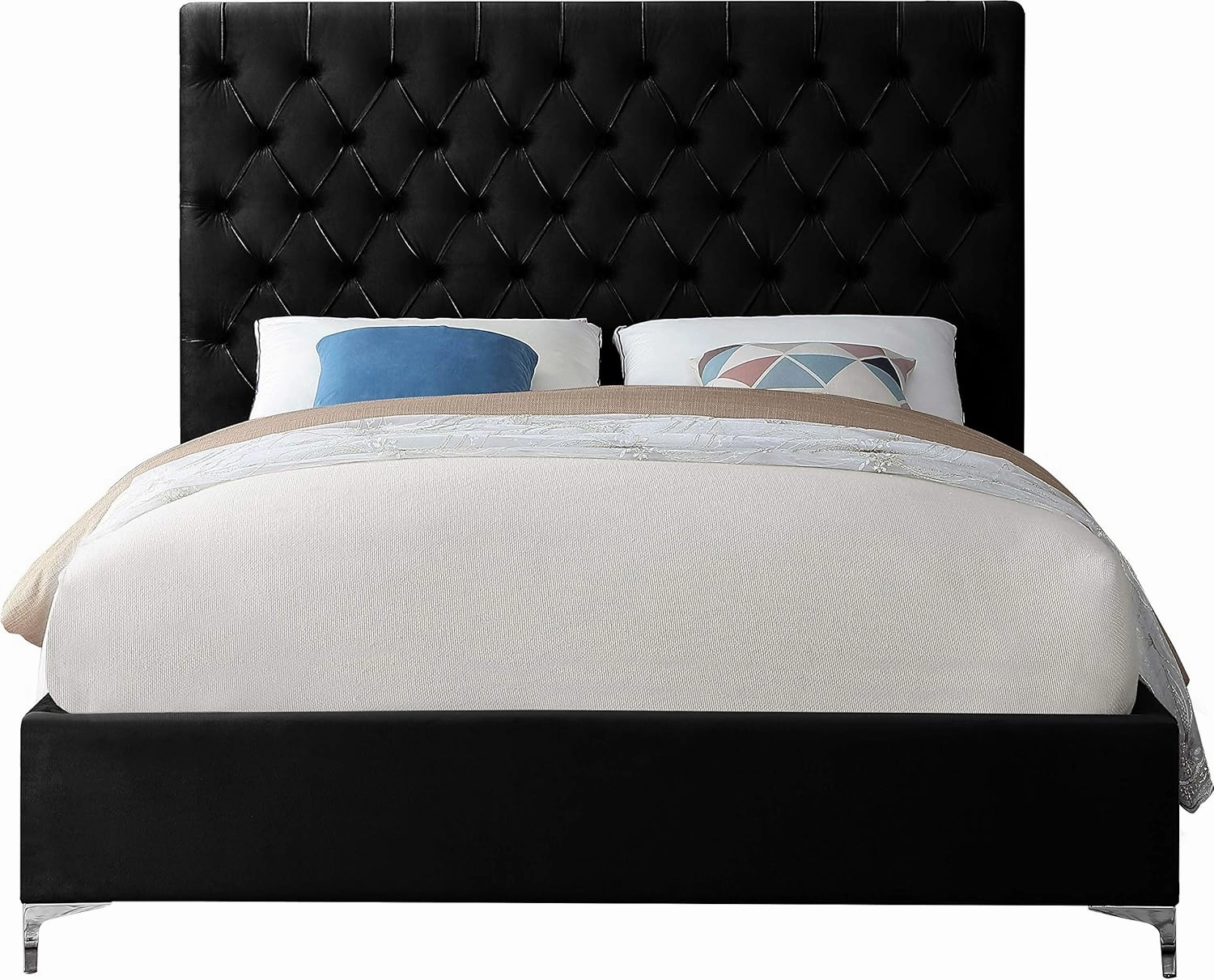Meridian Furniture Cruz Collection Modern | Contemporary Velvet Upholstered Bed with Deep Button Tufting and Complete Sets of Gold and Chrome Legs Included, King, Black
