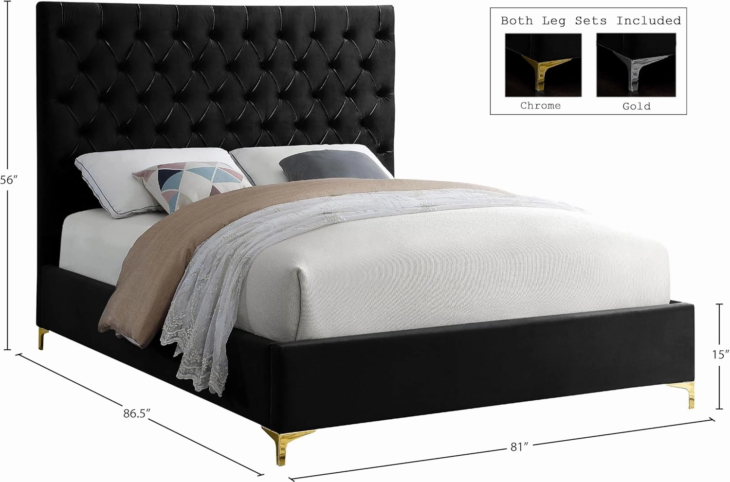 Meridian Furniture Cruz Collection Modern | Contemporary Velvet Upholstered Bed with Deep Button Tufting and Complete Sets of Gold and Chrome Legs Included, King, Black