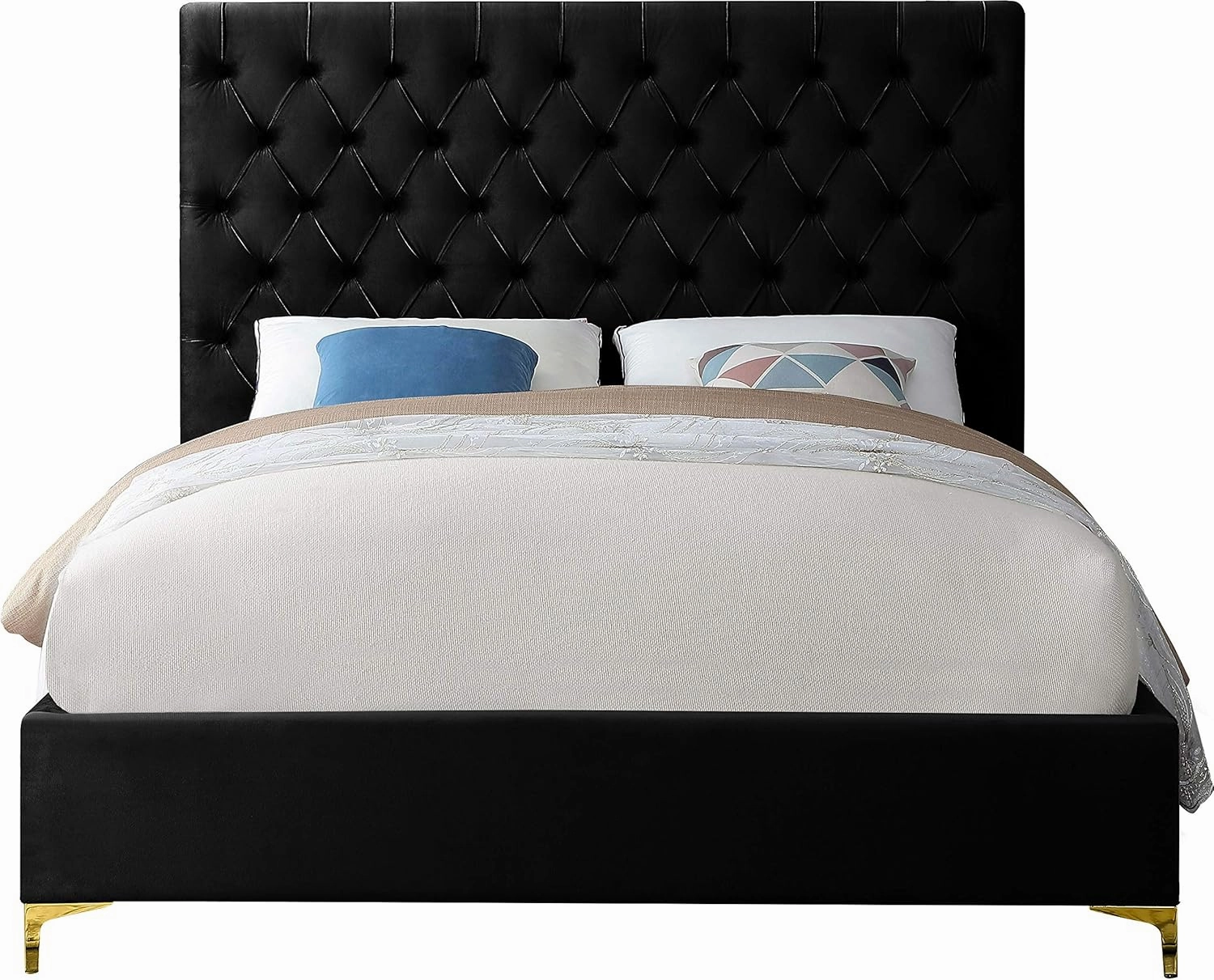 Meridian Furniture Cruz Collection Modern | Contemporary Velvet Upholstered Bed with Deep Button Tufting and Complete Sets of Gold and Chrome Legs Included, King, Black