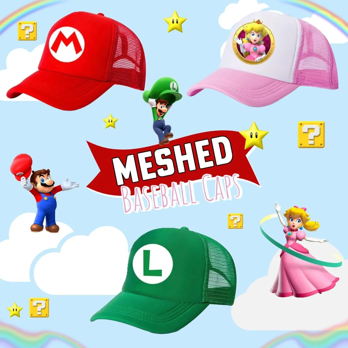 Mesh Baseball Cap Snapback Little Kids Ages 4-7 Boys Girls Super Luigi Bros Mario Princess Peach Cartoon Hat Cute