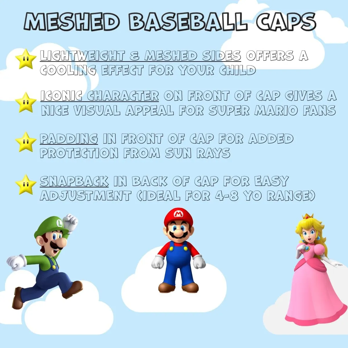 Mesh Baseball Cap Snapback Little Kids Ages 4-7 Boys Girls Super Luigi Bros Mario Princess Peach Cartoon Hat Cute