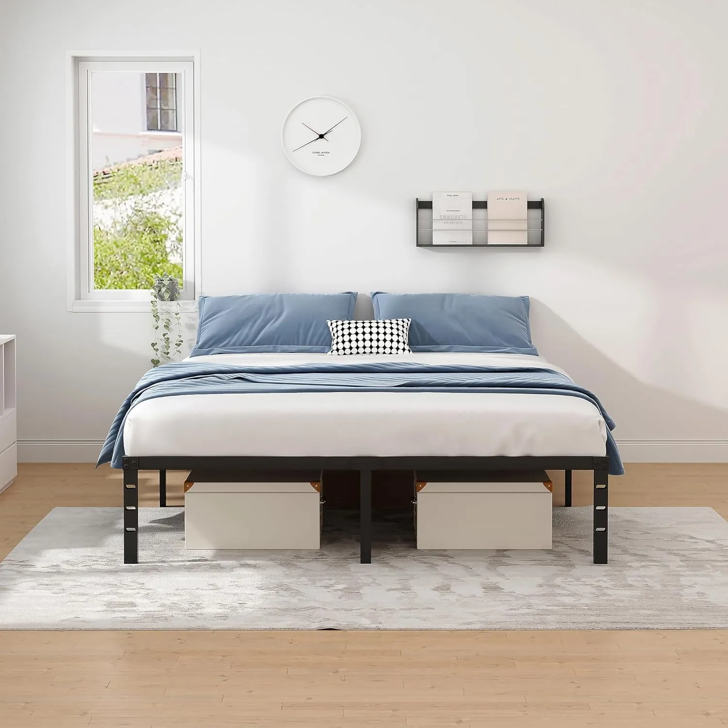 Metal Bed Frame,Full Size Bed Frame with Storage Space,Heavy Duty Sturdy Mattress Foundation,Easy Assembly,No Box Spring Needed, Black,18 Inch,Full
