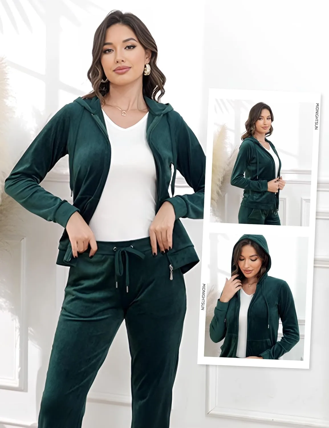 MIDNIGHTSUN Women's Velour Tracksuit 2 Piece Full Zip Hooded Sweatsuits Outfits Velvet Sportswear Jogging Set