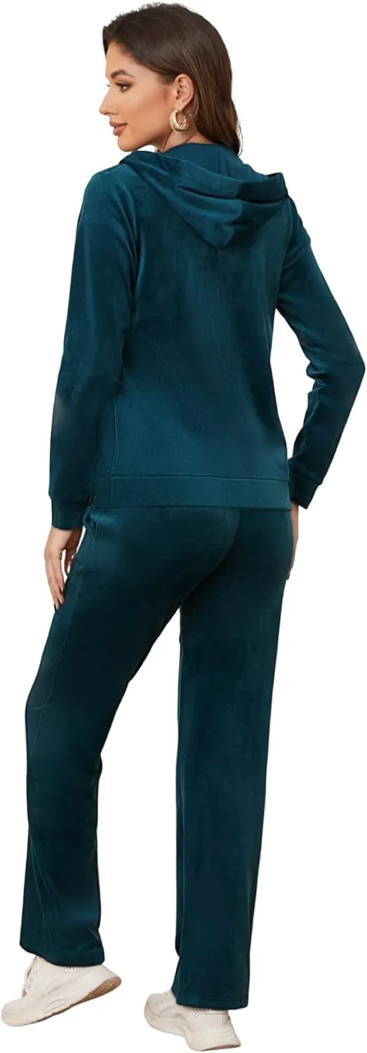 MIDNIGHTSUN Women's Velour Tracksuit 2 Piece Full Zip Hooded Sweatsuits Outfits Velvet Sportswear Jogging Set
