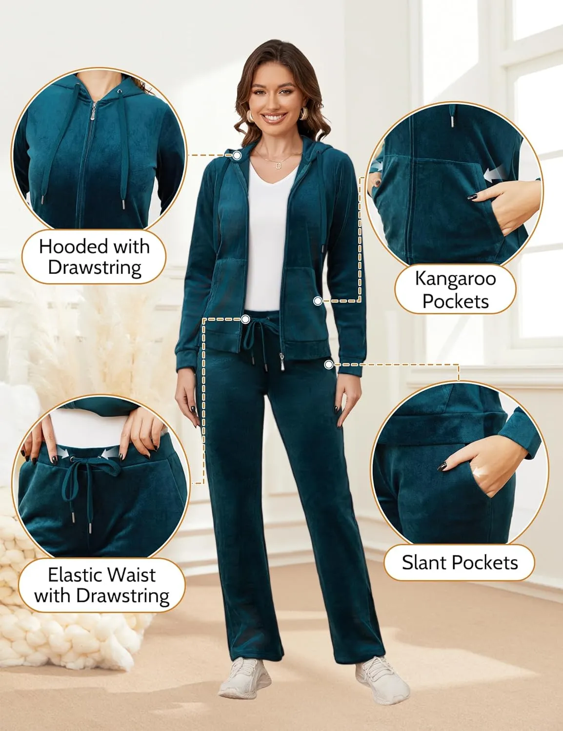 MIDNIGHTSUN Women's Velour Tracksuit 2 Piece Full Zip Hooded Sweatsuits Outfits Velvet Sportswear Jogging Set