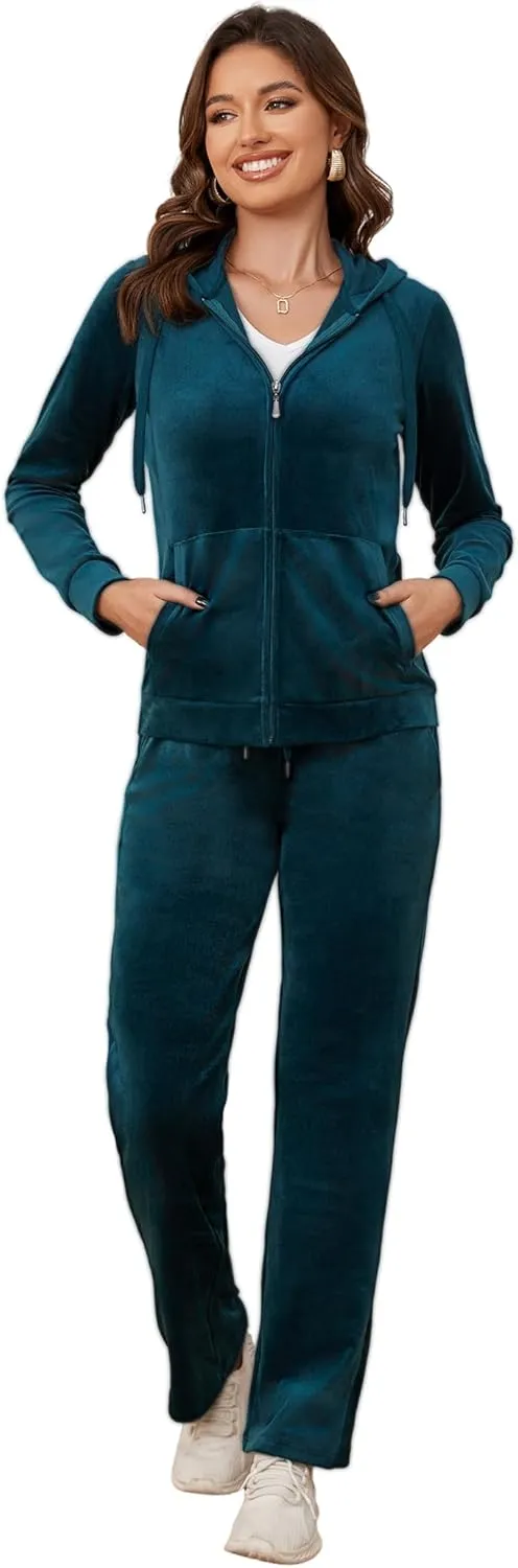 MIDNIGHTSUN Women's Velour Tracksuit 2 Piece Full Zip Hooded Sweatsuits Outfits Velvet Sportswear Jogging Set