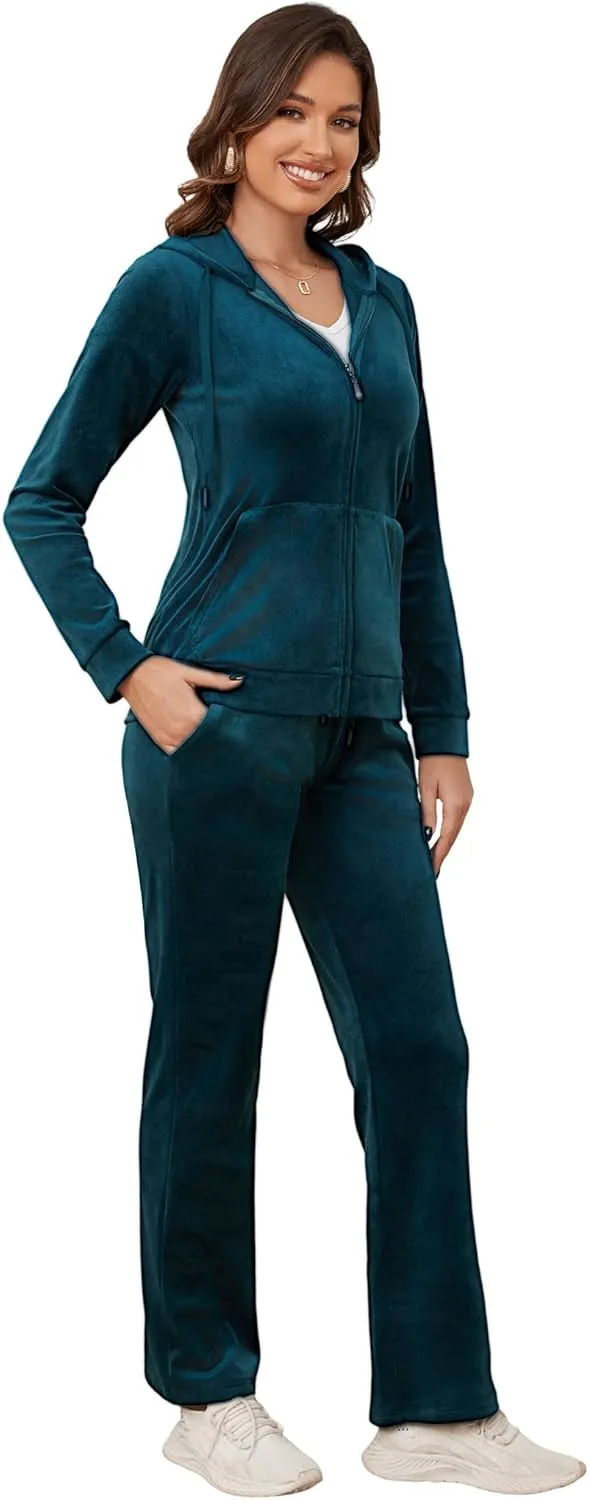 MIDNIGHTSUN Women's Velour Tracksuit 2 Piece Full Zip Hooded Sweatsuits Outfits Velvet Sportswear Jogging Set