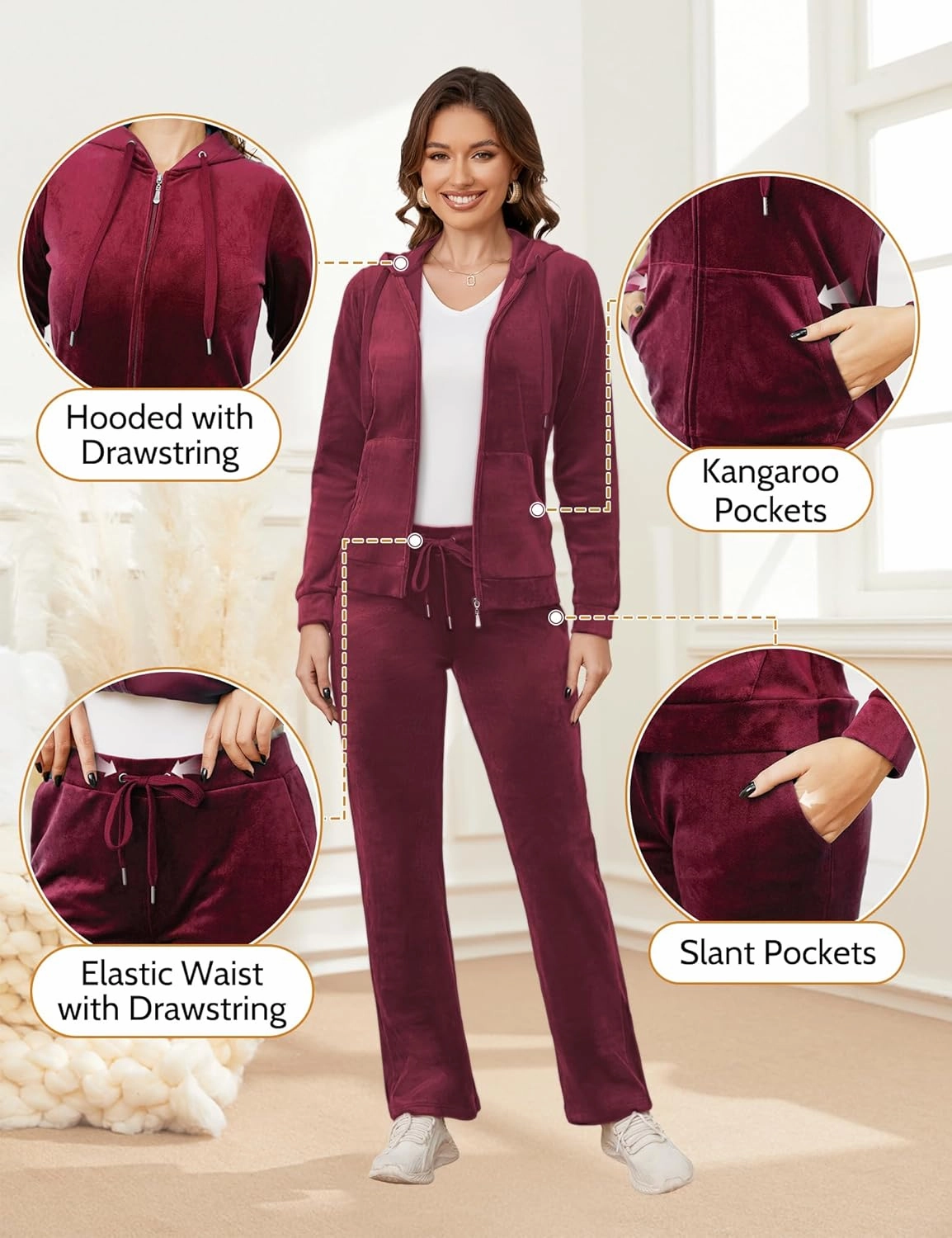 MIDNIGHTSUN Women's Velour Tracksuit 2 Piece Full Zip Hooded Sweatsuits Outfits Velvet Sportswear Jogging Set