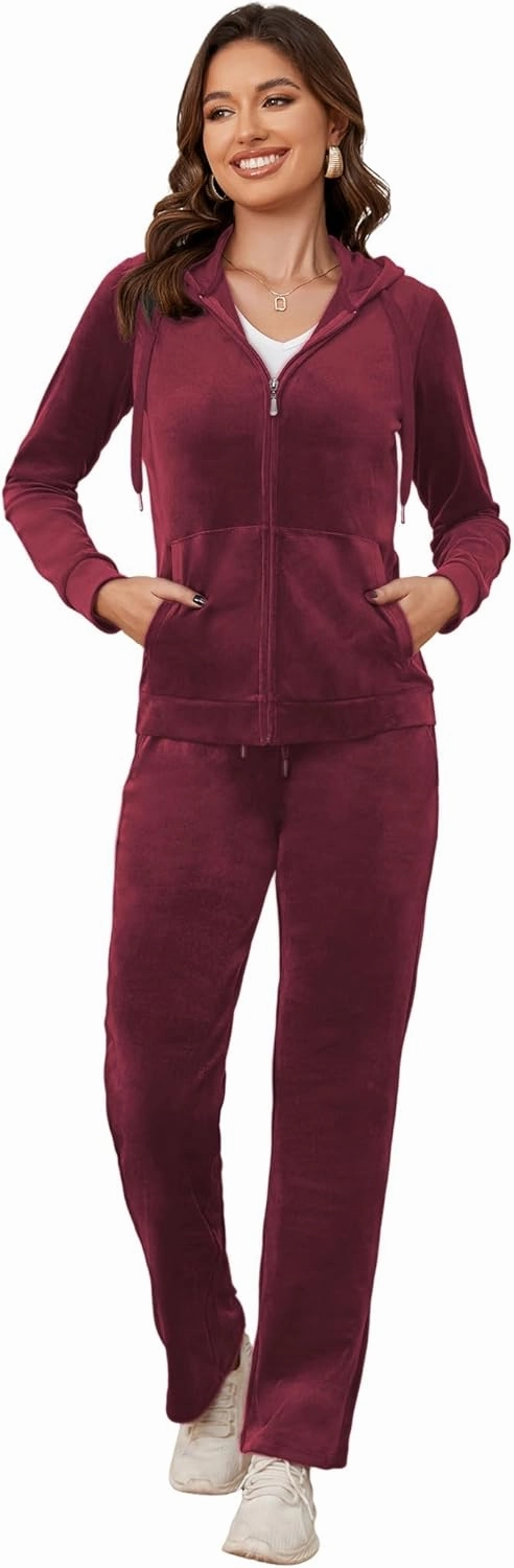 MIDNIGHTSUN Women's Velour Tracksuit 2 Piece Full Zip Hooded Sweatsuits Outfits Velvet Sportswear Jogging Set
