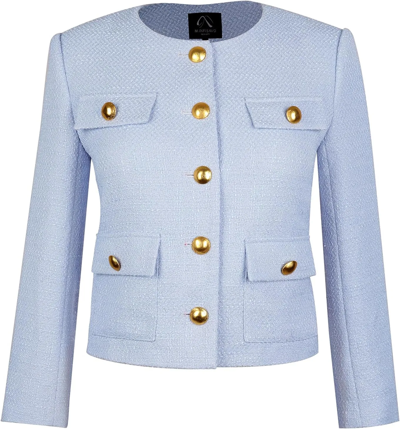 M.Infisavo 2025 Women Tweed Jacket Cropped Blazers Spring Summer Elegant Round Neck Pockets Business Casual Outfit