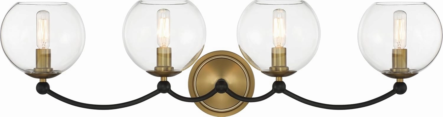 Minka Lavery 5064-726 Kearney Park Clear Glass Wall Mount, 4-Light 240 Total Watts, 9" H x 31" W, Coal Black and Soft Brass