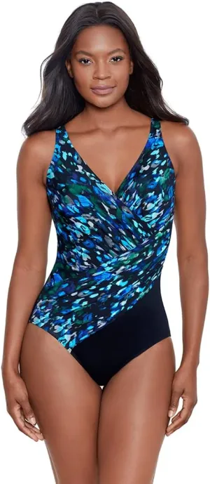 Miraclesuit Women's Swimwear Sophisticat Oceanus V-Neck Soft Cup One Piece Swimsuit, Multi, 10