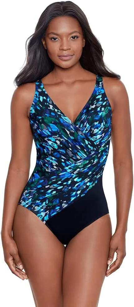 Miraclesuit Women's Swimwear Sophisticat Oceanus V-Neck Soft Cup One Piece Swimsuit, Multi, 10