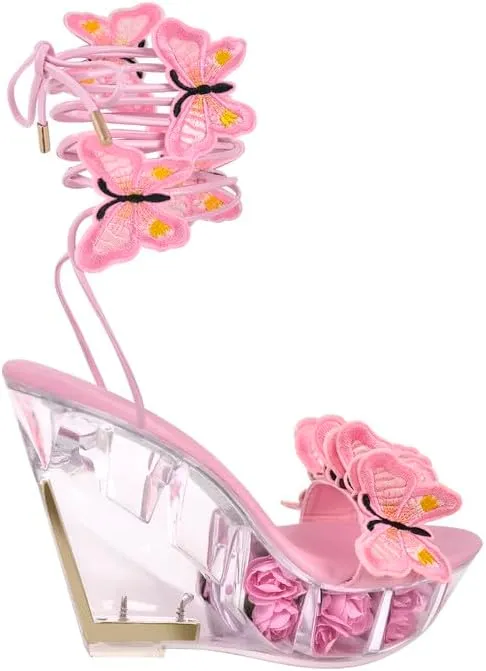 MissHeel Butterfly Heels Lace Up Clear Platform Wedge Heel Sandals