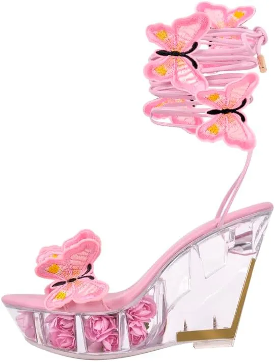 MissHeel Butterfly Heels Lace Up Clear Platform Wedge Heel Sandals