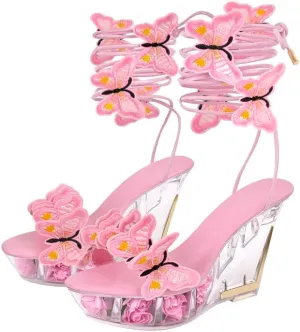 MissHeel Butterfly Heels Lace Up Clear Platform Wedge Heel Sandals