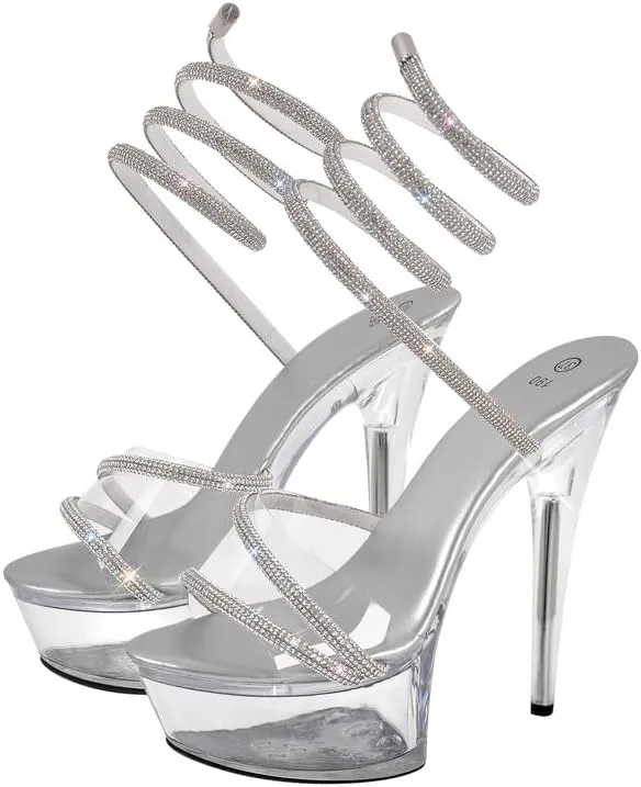 MissHeel Sparkling Spiral Strap Clear Platform Heels