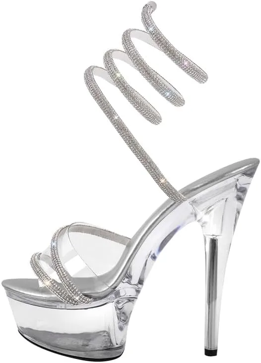 MissHeel Sparkling Spiral Strap Clear Platform Heels